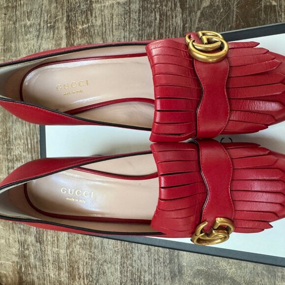 GUCCI Leather Hibiscus Red Marmont Platform w/Double Fringe, GG Logo - Picture 4 of 8